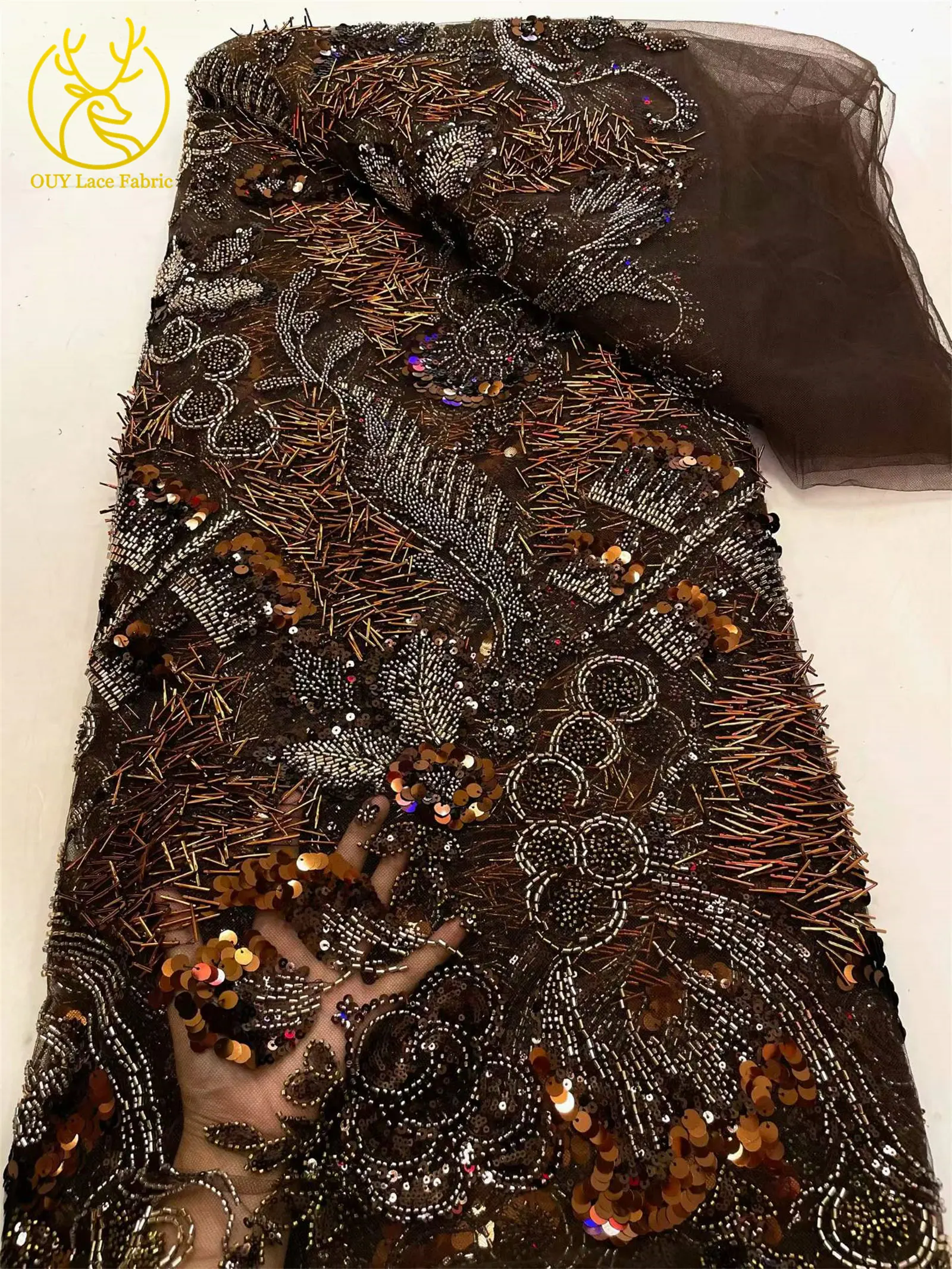 2026 Neuer Stil Luxuriöses Blumen-Perlen-Pailletten-Spitzendesign Hochwertiger Afrikanischer Spitzenstoff für Damen Hochzeitskleid Partykleid Nähen – Detail 13