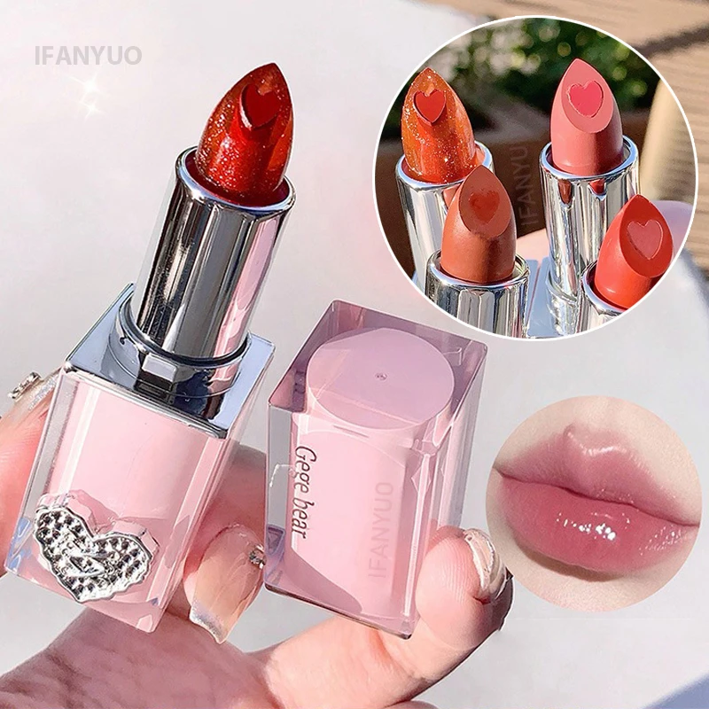 Love Heart Sandwich Lipstick Crystal Moisturizing Mirror Water Gloss Jelly Lip Glaze Lasting Non Stick Cup Natural Nude Lip Tint