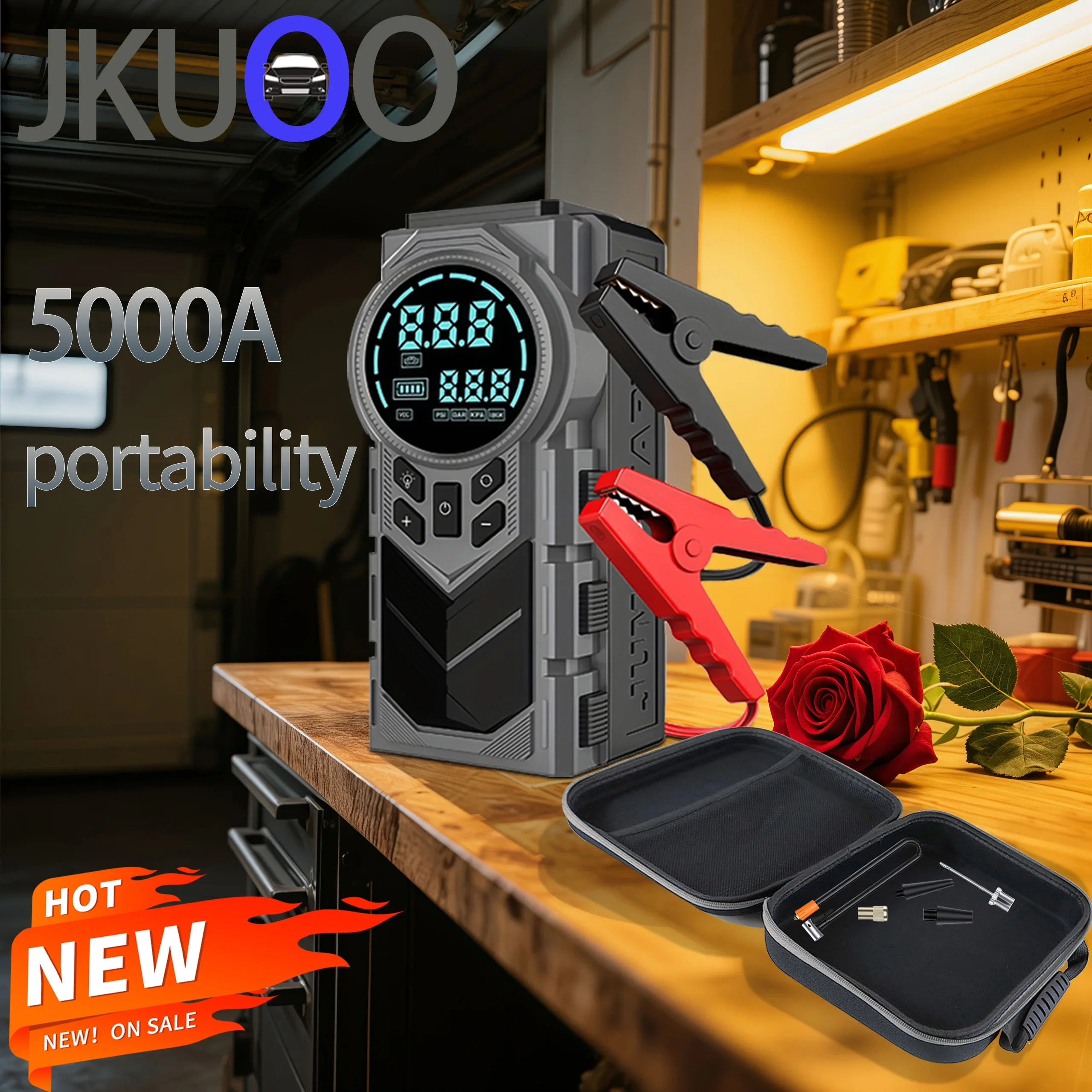JKUOO Fuente emergencia coche 5000A + Compresor aire - Nuevo 10% descuento! Arranque invierno fiable, inflado rápido 150PSI, ideal viajes, acampadas, emergencias carretera. Compacto, protección sobretensión.