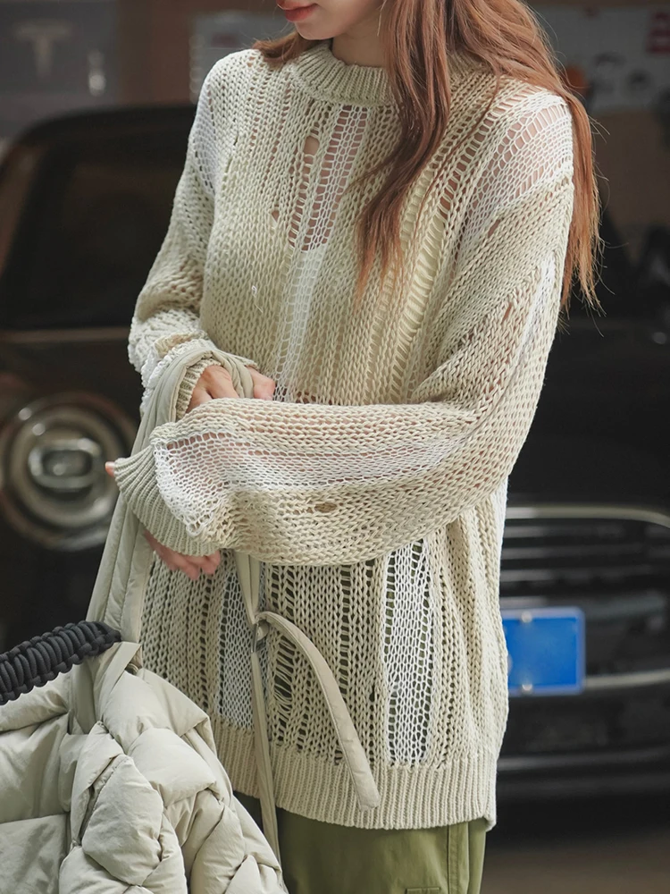 [EAM] Khaki Hollow Out Big Size Knitting Sweater Round Neck Long Sleeve Women Pullovers New Fashion Spring Summer 2024  1DF9890