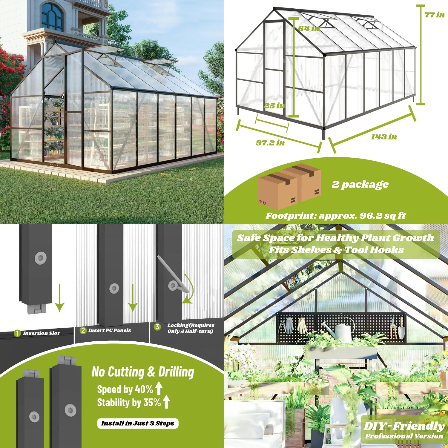 

8x12FT Polycarbonate Greenhouse,Aluminum Walk-in Quick Setup Roof Vent,Dark Gray,Outdoor Garden Backyard,Customized