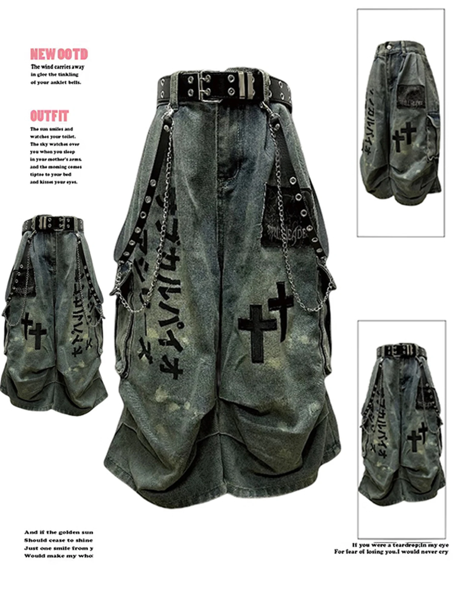 

Women's High Waist Wide Leg Denim Cargo Shorts Light Blue Vintage Washed Cross & Japanese Graffiti Print Y2K Streetwear Trousers