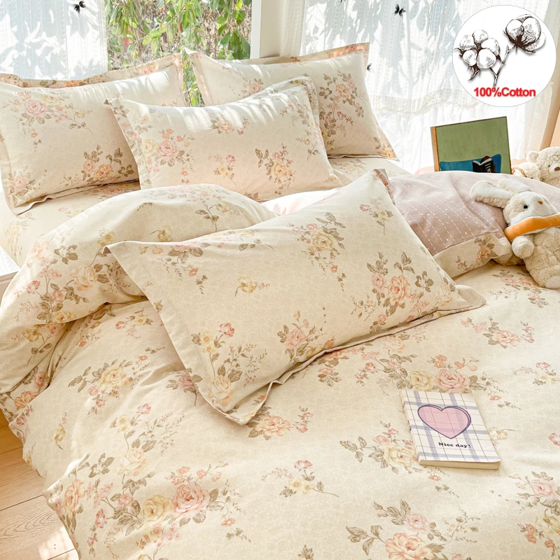 

Комплект постельного белья из 100% хлопка: роскошный пододеяльник и наволочки с натуральным цветочным узором, чистый хлопок, комфорт, без складок