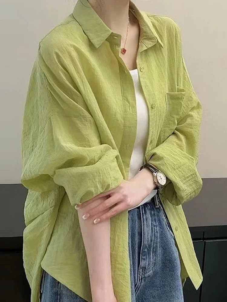 Prosta w stylu Basic Casual luźna koszula damska biała zielona koszulka z koreański, z długimi rękawem damska szykly letnia nowa jednolita koszulka damska