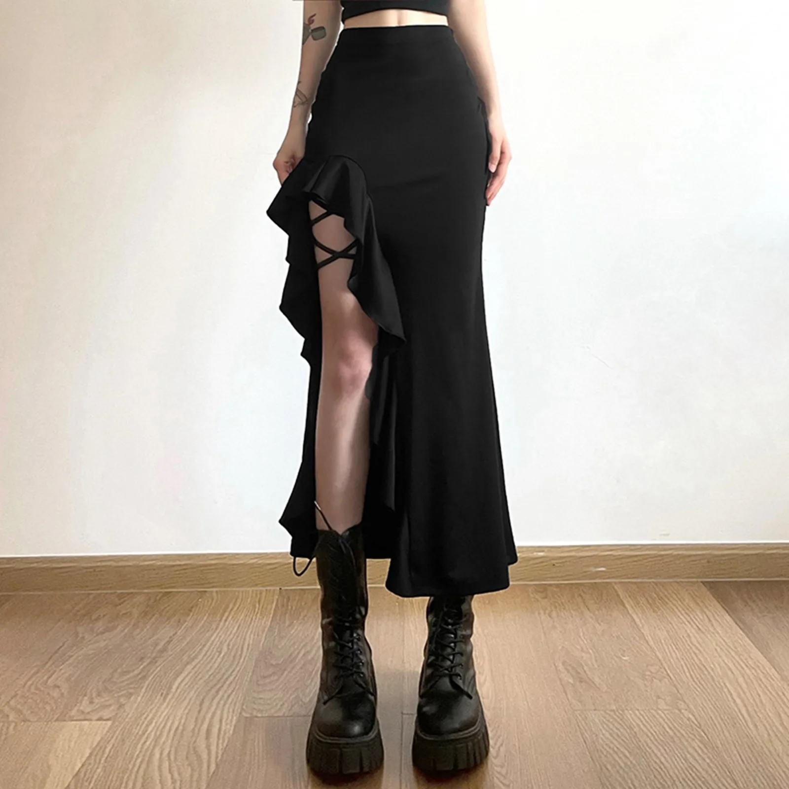 

Fashion High Slits Bandage Long Skirts Women's Sexy High Waist Bodycon Ruffles Hem Black Ankle Length Skirt Korean Style Clothes