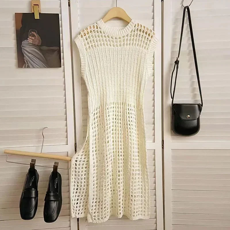 Häkelstrickkleid für Damen – ärmellose Strandbekleidung mit Rundhalsausschnitt, atmungsaktiver Urlaubs-Sonnenrock