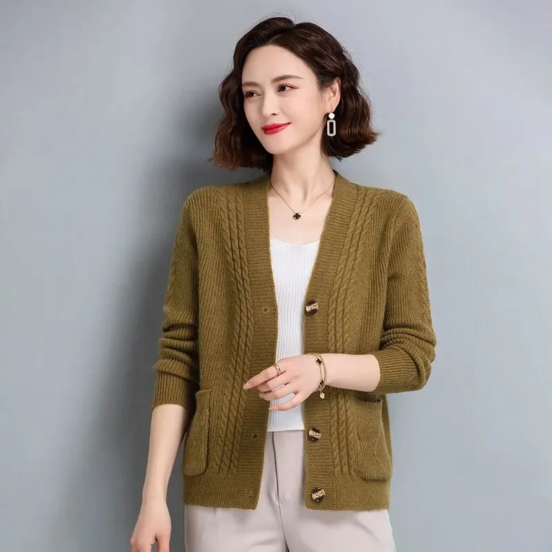 Cardigan de couleur Pure pour femme, veste pull, ample, col en v, manteau en tricot, mode, haut à simple boutonnage, nouvelle collection printemps automne 2025