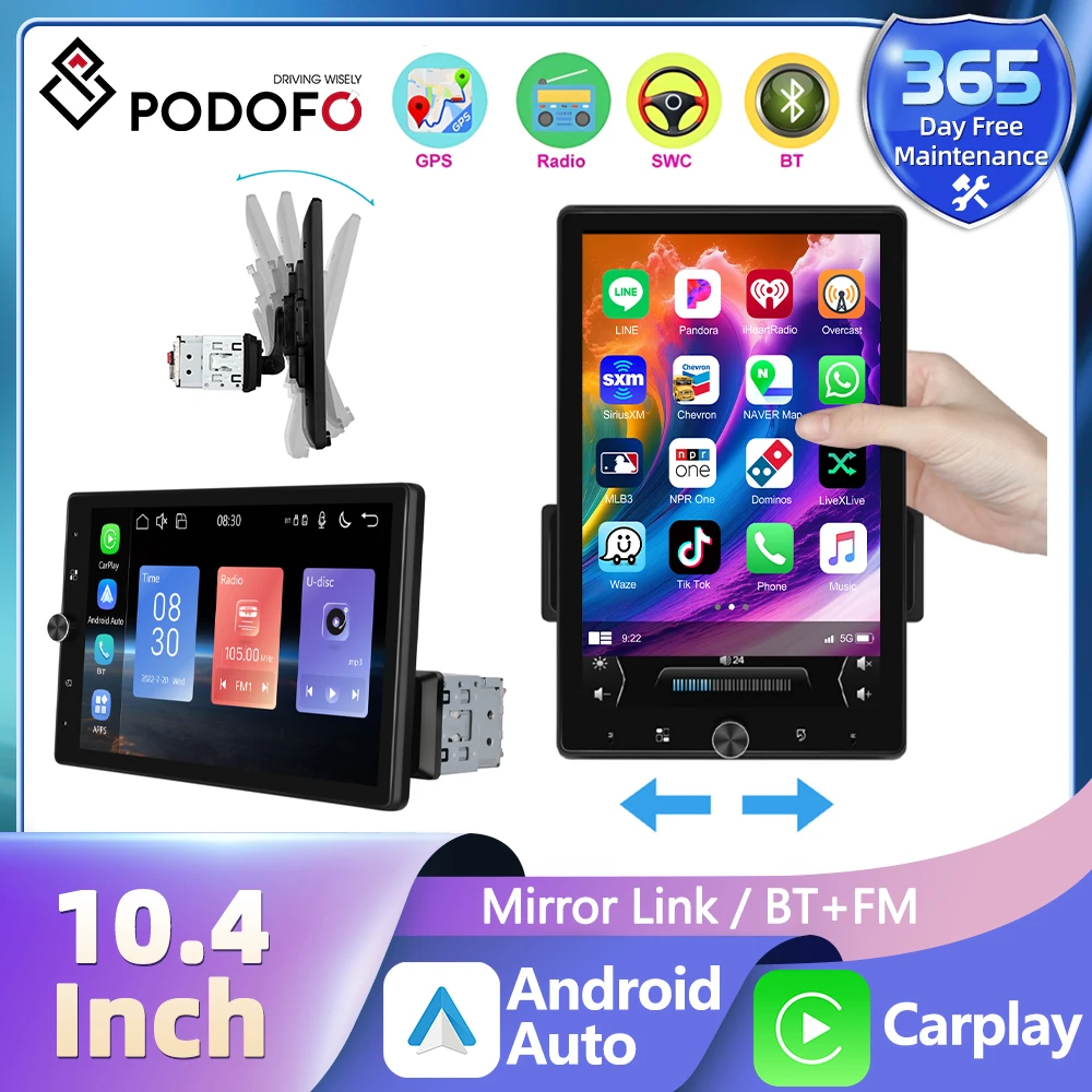 Podofo 1 Din MP5 Car Stereo Radio Carplay Android Auto 10.4'' HD 2.5D Screen Bluetooth FM Receiver Multimedia Video Player