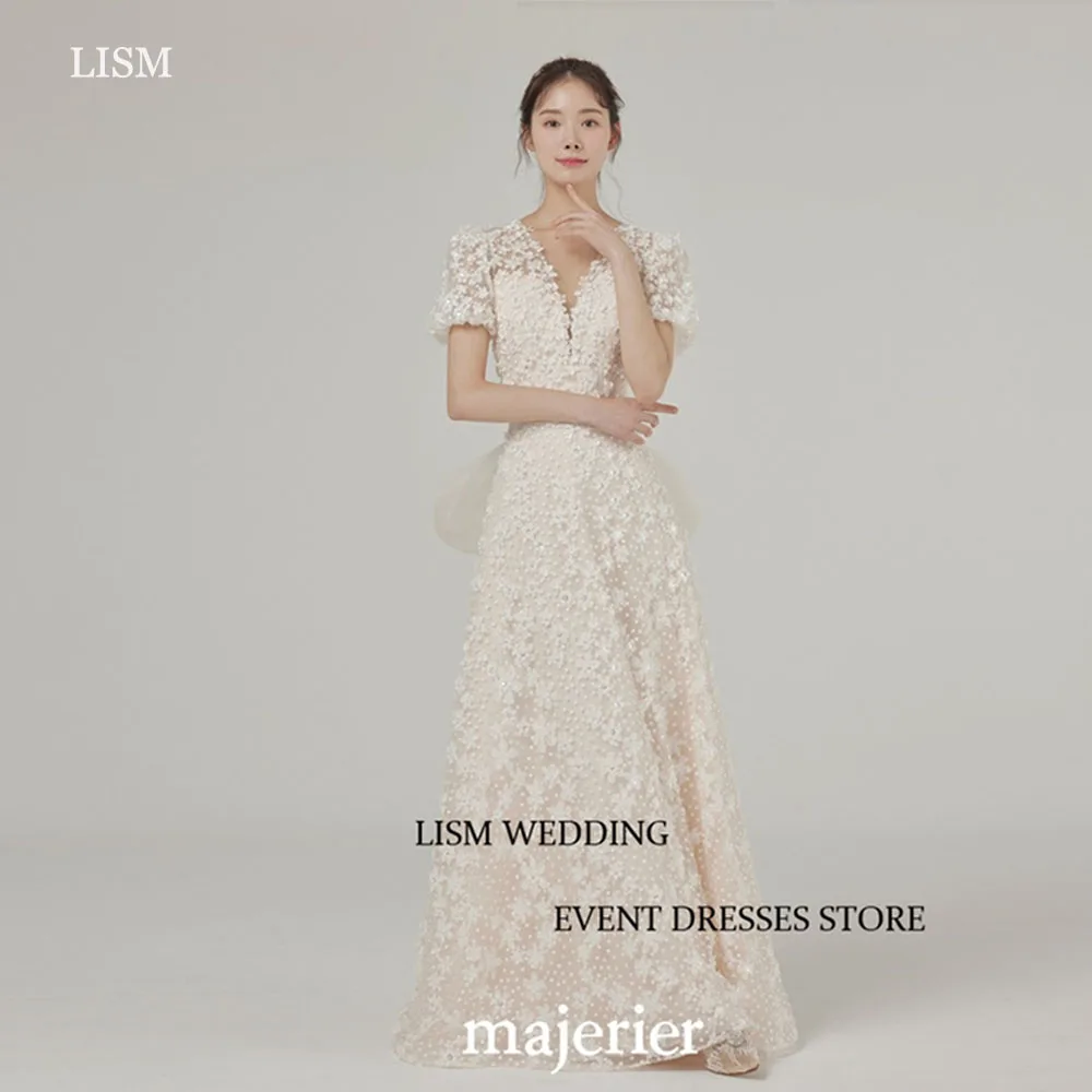 LISM 2024 Elegant Pearls Lace A Line Korea Wedding Dresses V neck Puff Short Sleeves Floor Length Bridal Gowns Photo Shoot