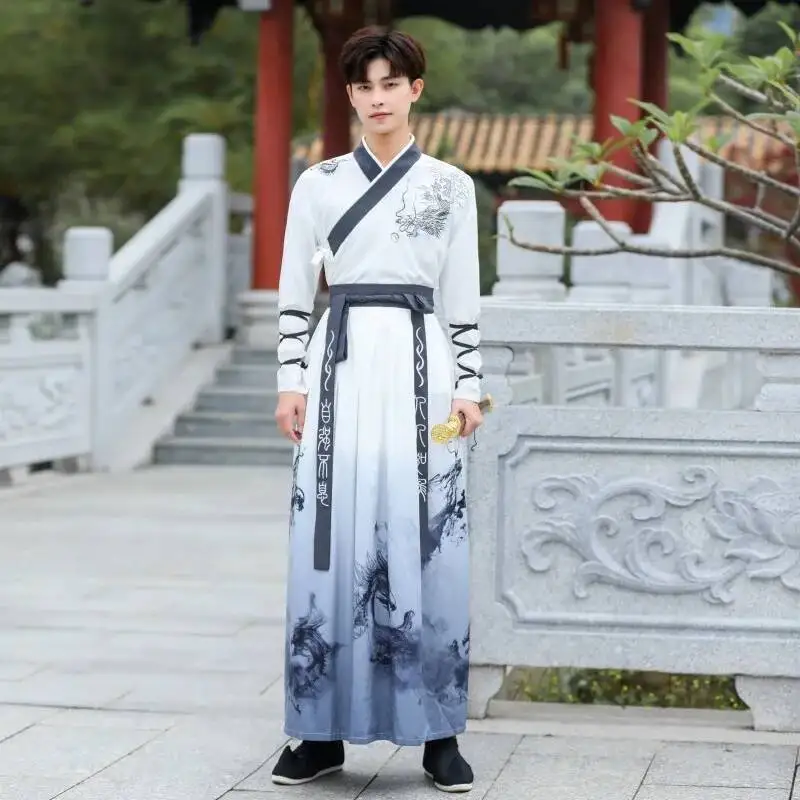 Hanfu hombres dragón chino bordado traje tradicional traje Cosplay estilo étnico Tang traje ropa de rendimiento blanco
