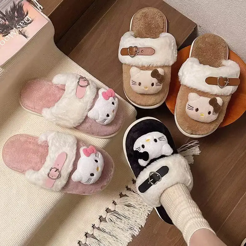 

New Sanrio Hello Kitty Thickened Winter Cotton Slippers Girl Indoor Comfortable Anti Slip Warm Dopamine Color Cotton Slippers
