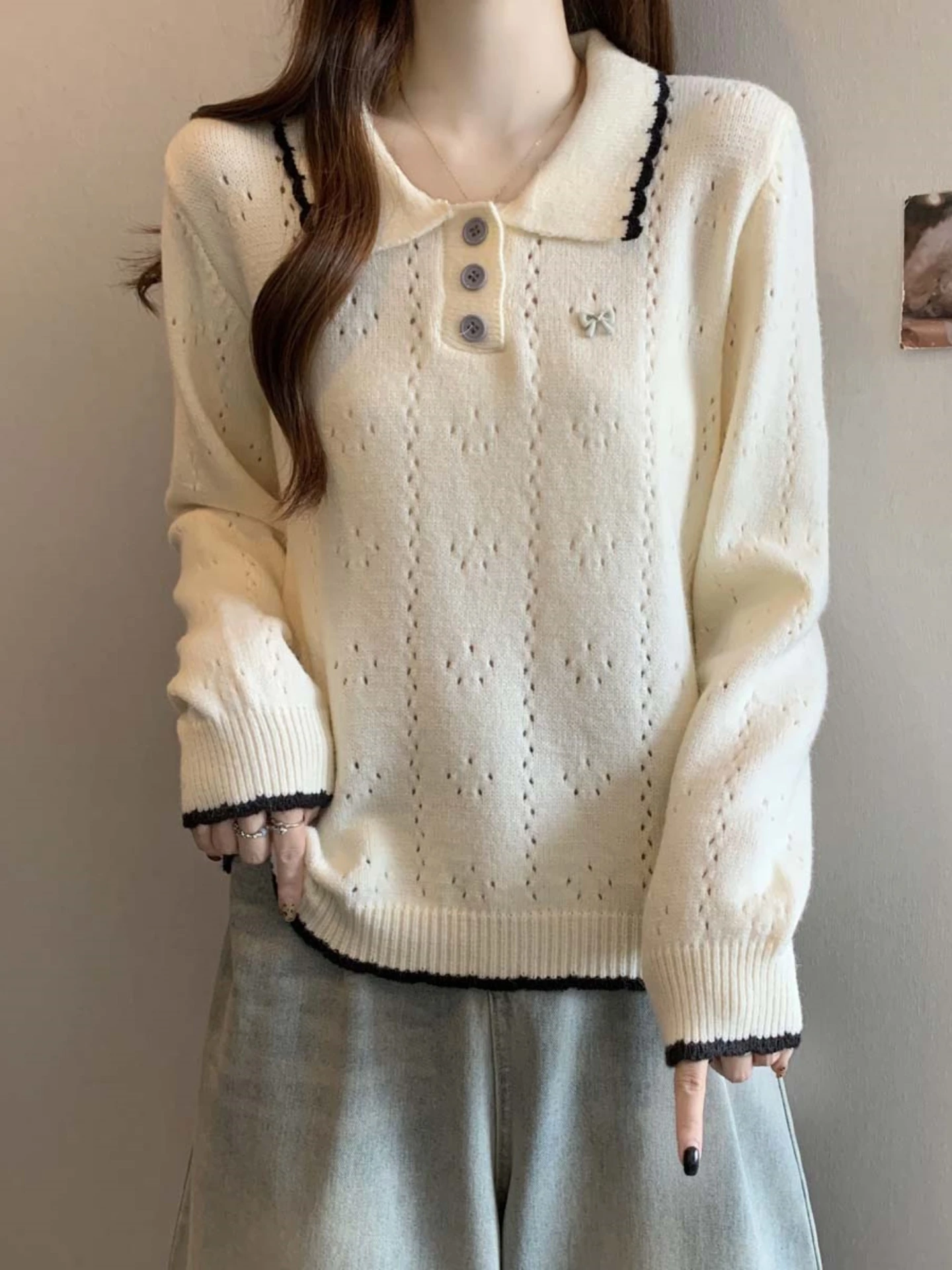 

Women's Knitted Neck Hollow out Sweater Spring Autumn plus Size Knot Top Comfortable Soft Korean Style Long Sl...
