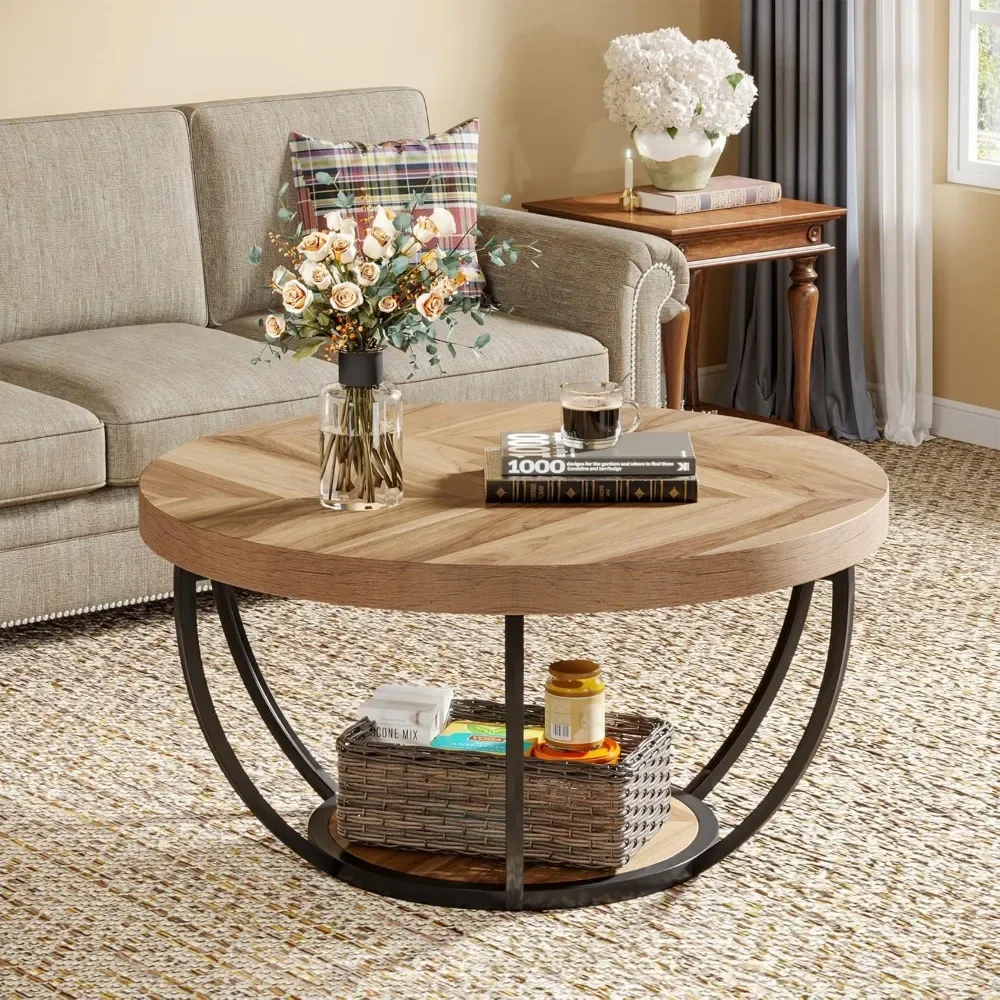 31.7" Industrial 2-Tier Circle Coffee Table with Storage Shelves, Modern Wooden Accent Center Table Sofa Side Table