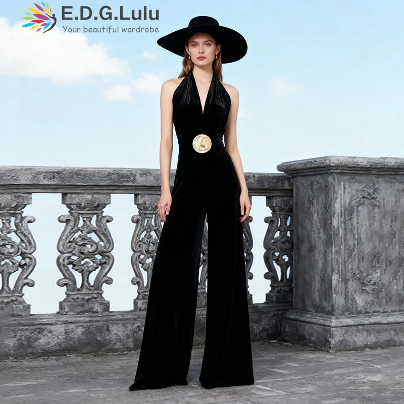 

EDGLuLu Halter Backless Sexy Black Jumpsuit 2025 Autumn New High Waisted Button Splicing Wide Legged Jumpsuit Pants 1015