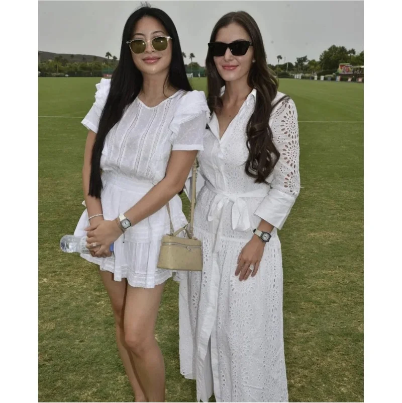 ETJ 2025 Primavera/Verão novo feminino elegante estilo férias branco algodão linha A recorte saia cinto bordado