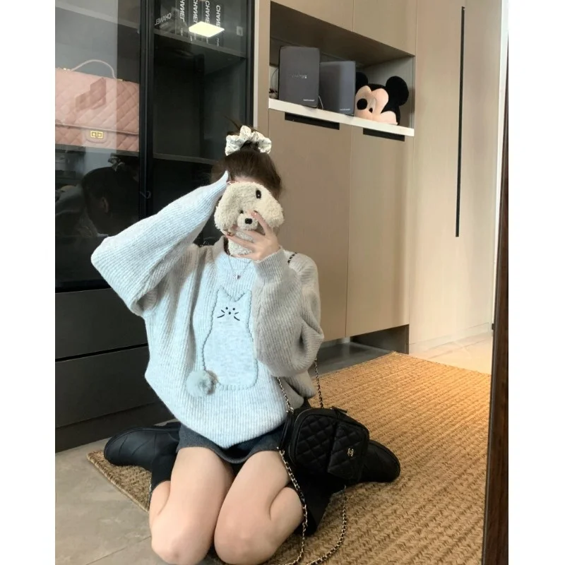 Koreański sweter z okrągłym dekoltem, haftowany, długi rękaw, damski, zimowy, nowy, luźny, wyszczuplający, dzianinowy, do noszenia przez głowę, casualowy, do pracy.