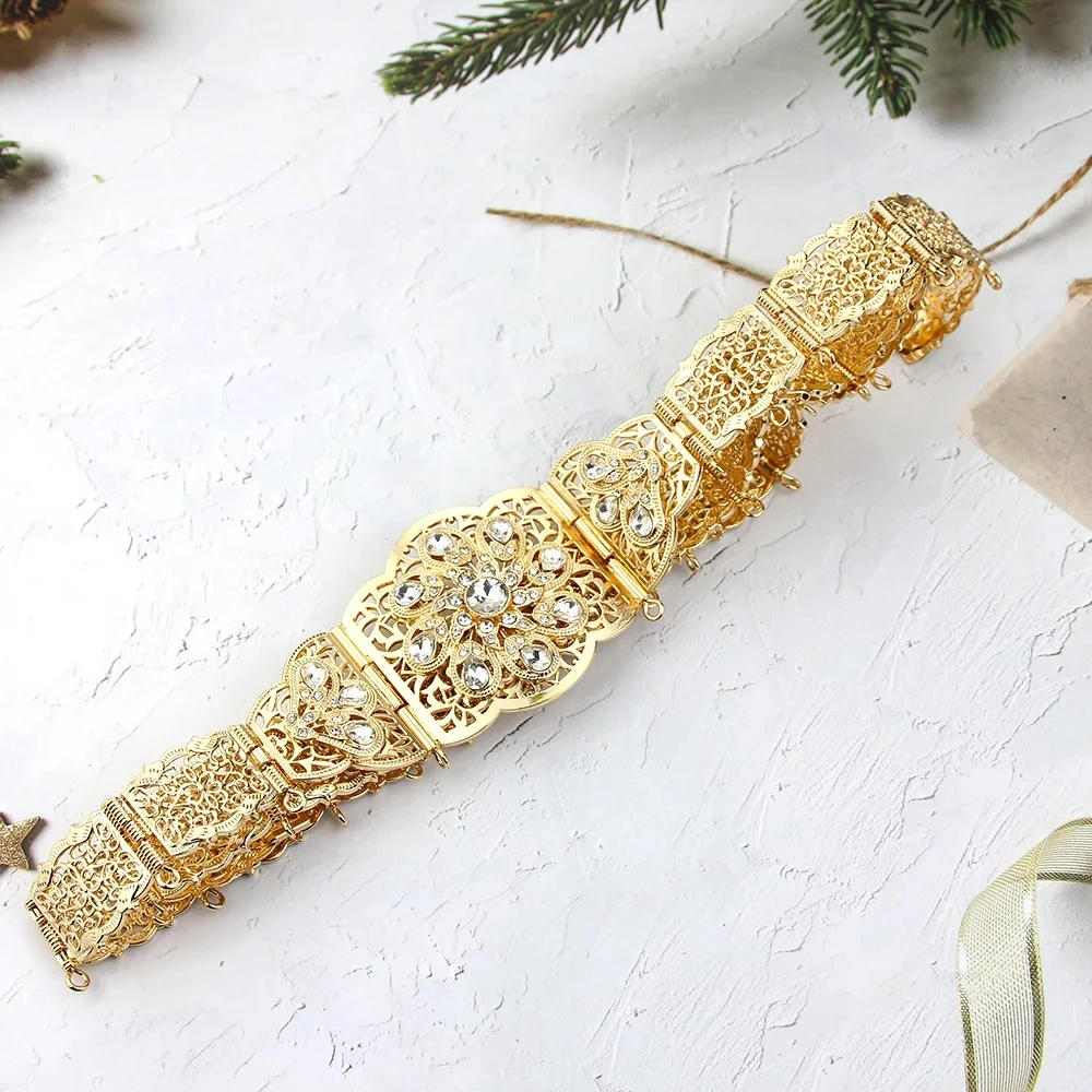 Sunspicems Chic Gold Color Arab Caftan Belt Waist Chain For Women Crystal Morocco Bridal Belt Adjustable Length Wedding Jewelry