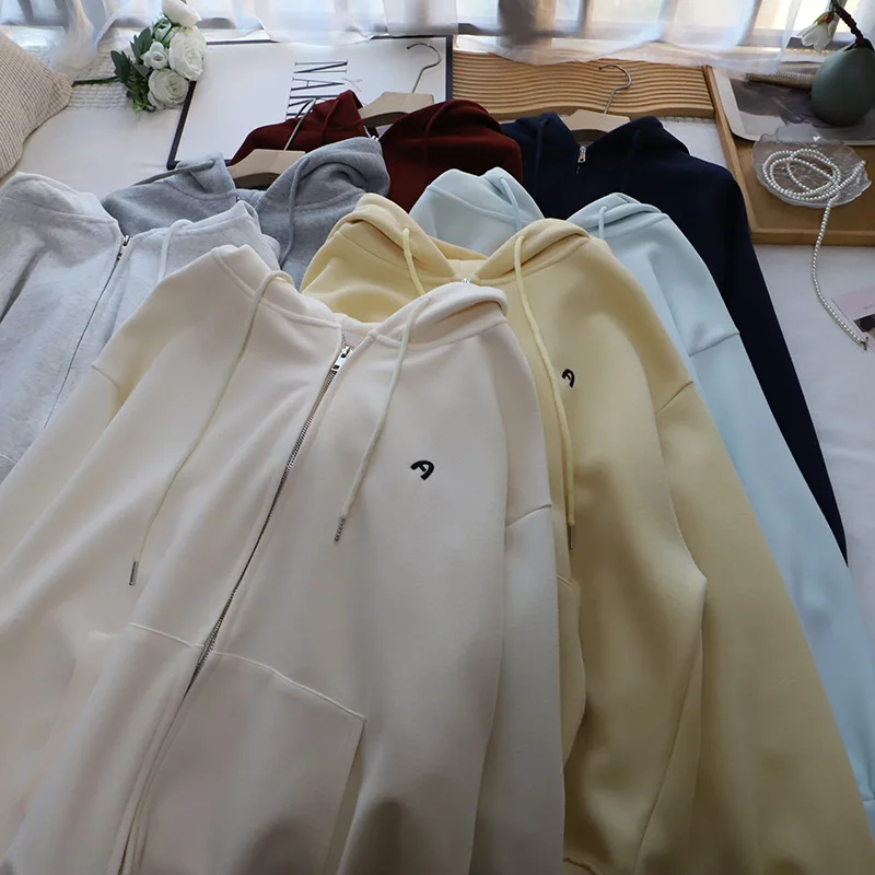 

Синяя женская толстовка на молнии большого размера с вышитыми буквами, повседневная свободная толстовка с длинным рукавом, осень 2021, свитшот Faion