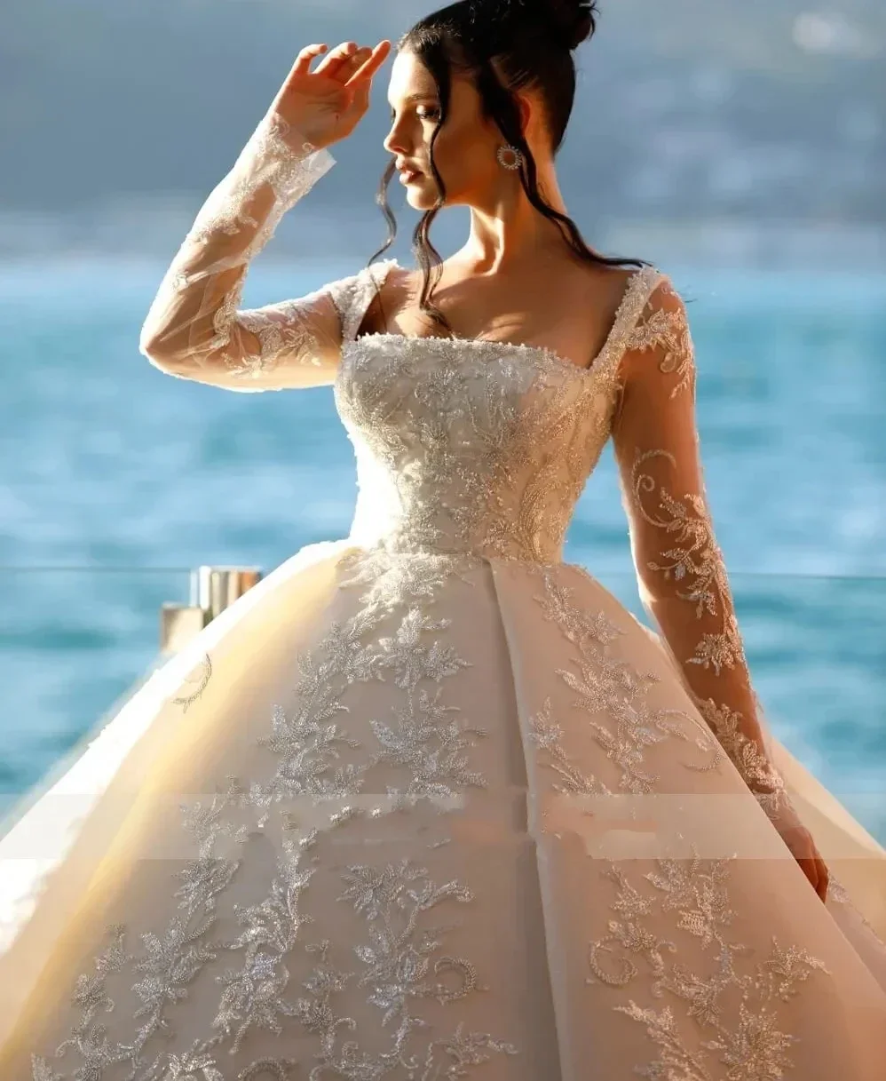 On Zhu Customized Ball Gown Wedding Dresses Collar Crystal Beads Long Sleeves African Bride Gowns Vestidos De Noiva 2025 image 2