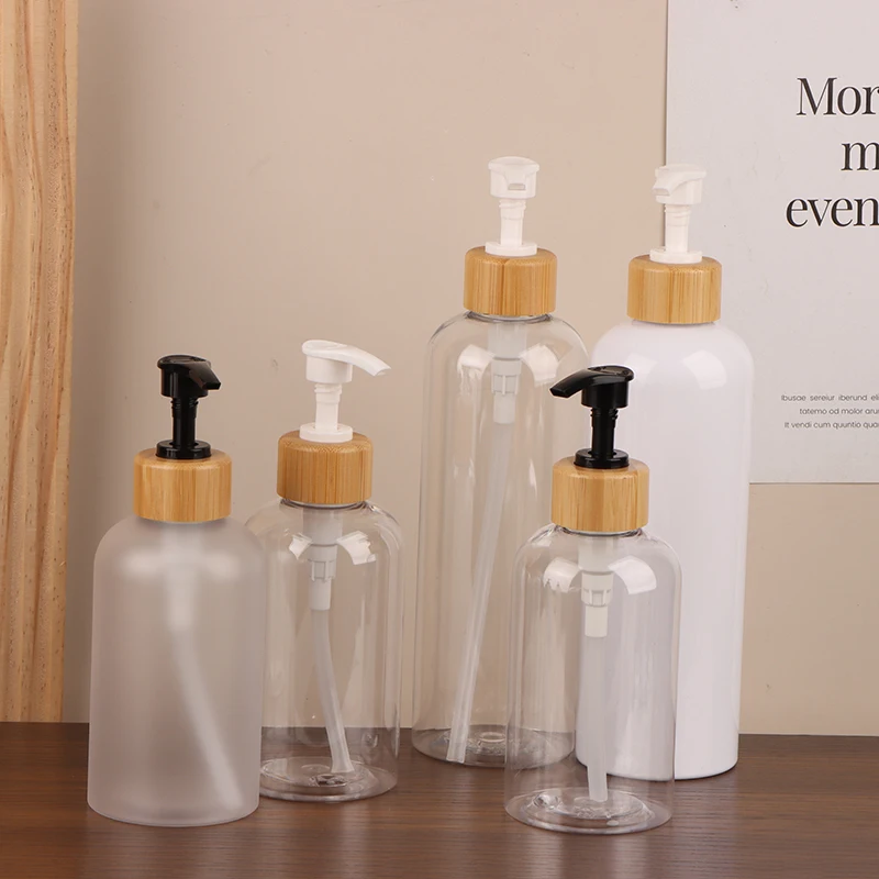 300/500ML Bambus Pumpspender Badezimmer PET Spülmittel Leere Flasche Lotion Nachfüllbare Duschgel Flüssigkeit Mattierte Behälter