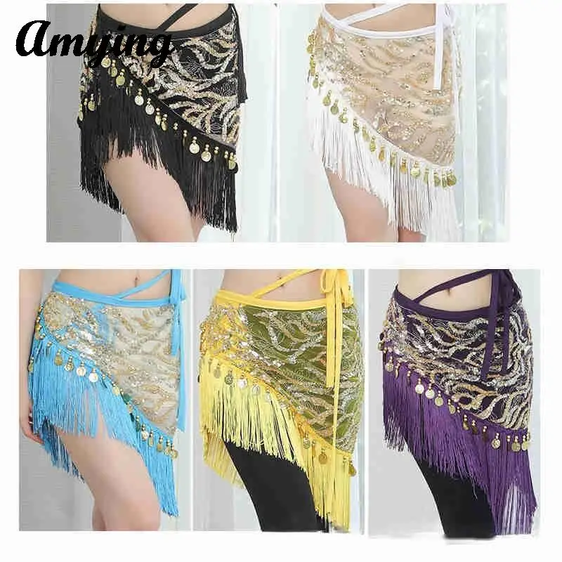 

Sexy Belly Dance Hip Scarf Women Sequins Tassel Hanging Coin Adjustable Wrap Hip Waist Chain New India Dance Practice Hip Skirt