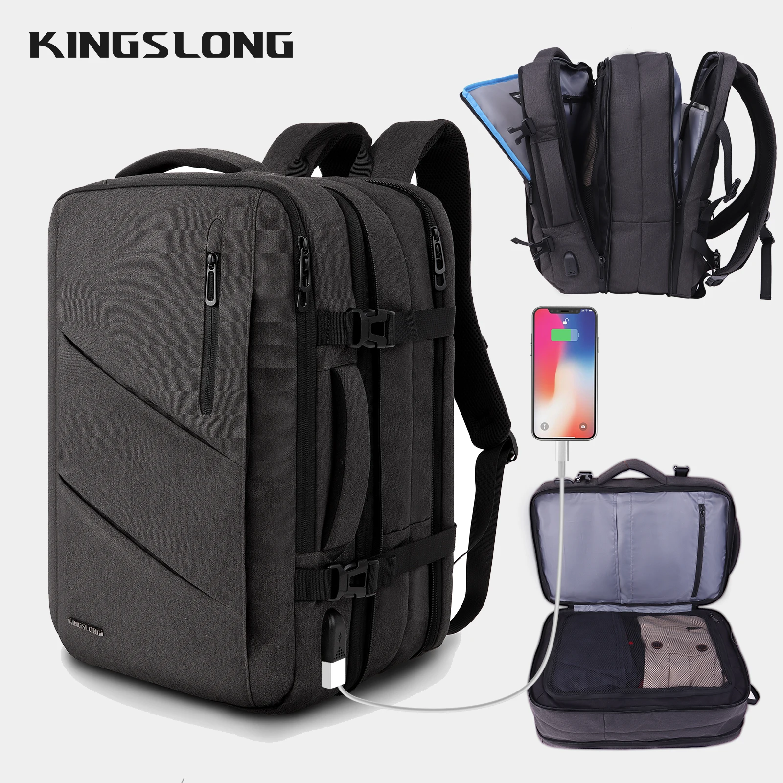 

KINGSLONG Men Business Laptop Backpack Expandable USB Bag 18 inch Large Capacity Waterproof Travel Outside Backpack