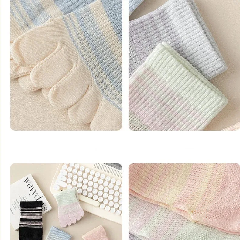 Women Cotton Five Finger Toe Socks Crew Sport Colors Summer Mesh Casual Calf Striped Socks 5-9 5-toes Thin Soft Cotton Sock image 5