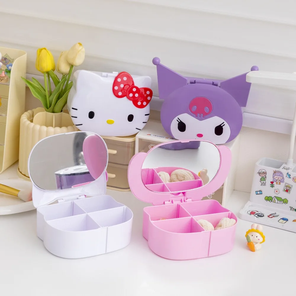 Miniso Sanrio New KT Cat Cartoon Table Mirror Vanity Box Jewelry Box Comb Mirror Series Desktop Sundries Storage