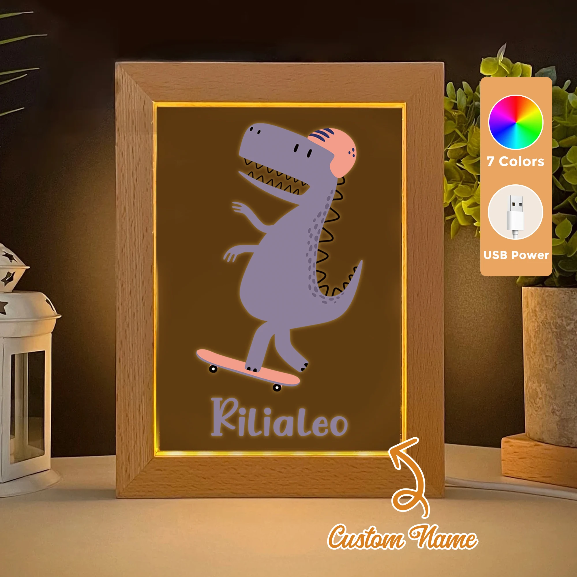 

2D Flat Custom Name Cartoon Dinosaur Sports LED Acrylic Night Light Wood Photo Frame 21x17cm Child Bedroom Gifts Home Decor