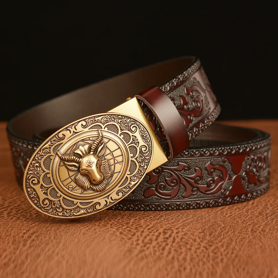 Cinturón de cuero genuino de alta calidad para hombres, cabeza de oveja Retro, hebilla automática, moda clásica, tallado personalizado, cinturón
