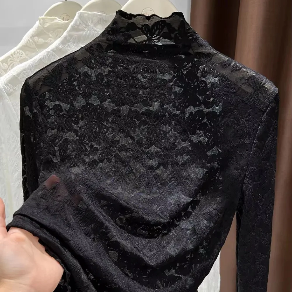 Butterfly Embroidery Lace Base Shirt Half High Collar Lace Tulle Long Sleeve Shirt Slim Fit Long Sleeve Embroidery Tulle Top