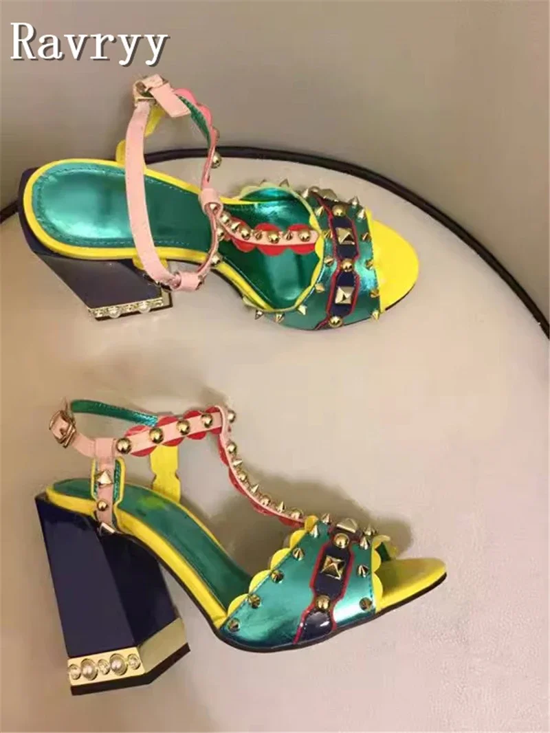 Retro Style Rivet Sandals Summer Women\'s Luxury Design Peep Toe Chunky High Heel Summer Shoes Fashion Runway Party Shoes