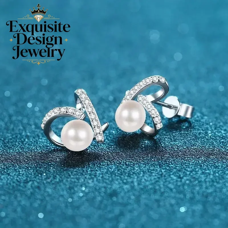 Inlaid Freshwater Pearl Heart-shaped Women's Platinum Earring, High-end 32 Point Moissanite Fashionable PT950 Ear studs for lady
