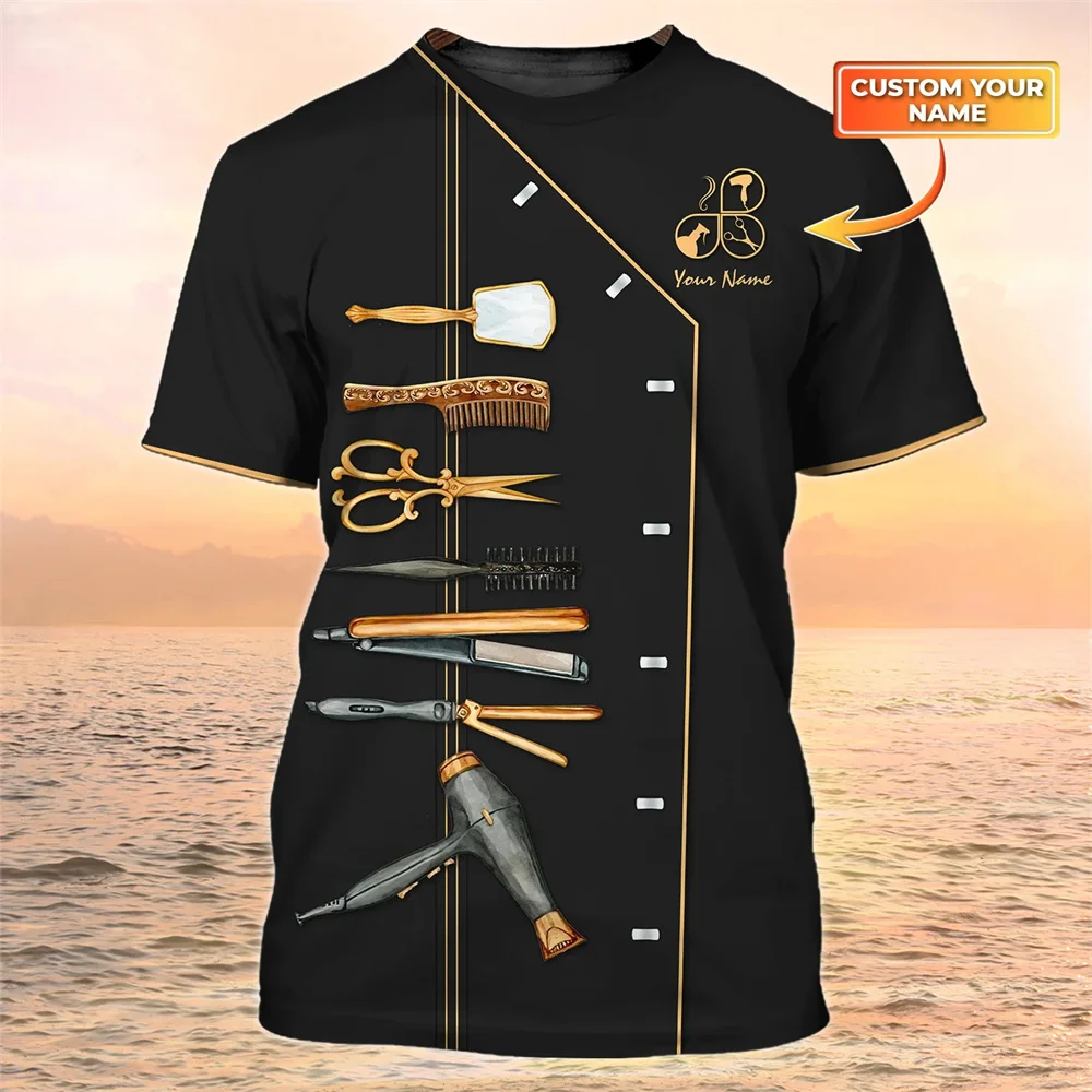 Men's Summer T-shirt, Personalized Named Custom Shirt, 3D Printing, Casual Hairdresser Uniform, Short Sleeved Summer Top