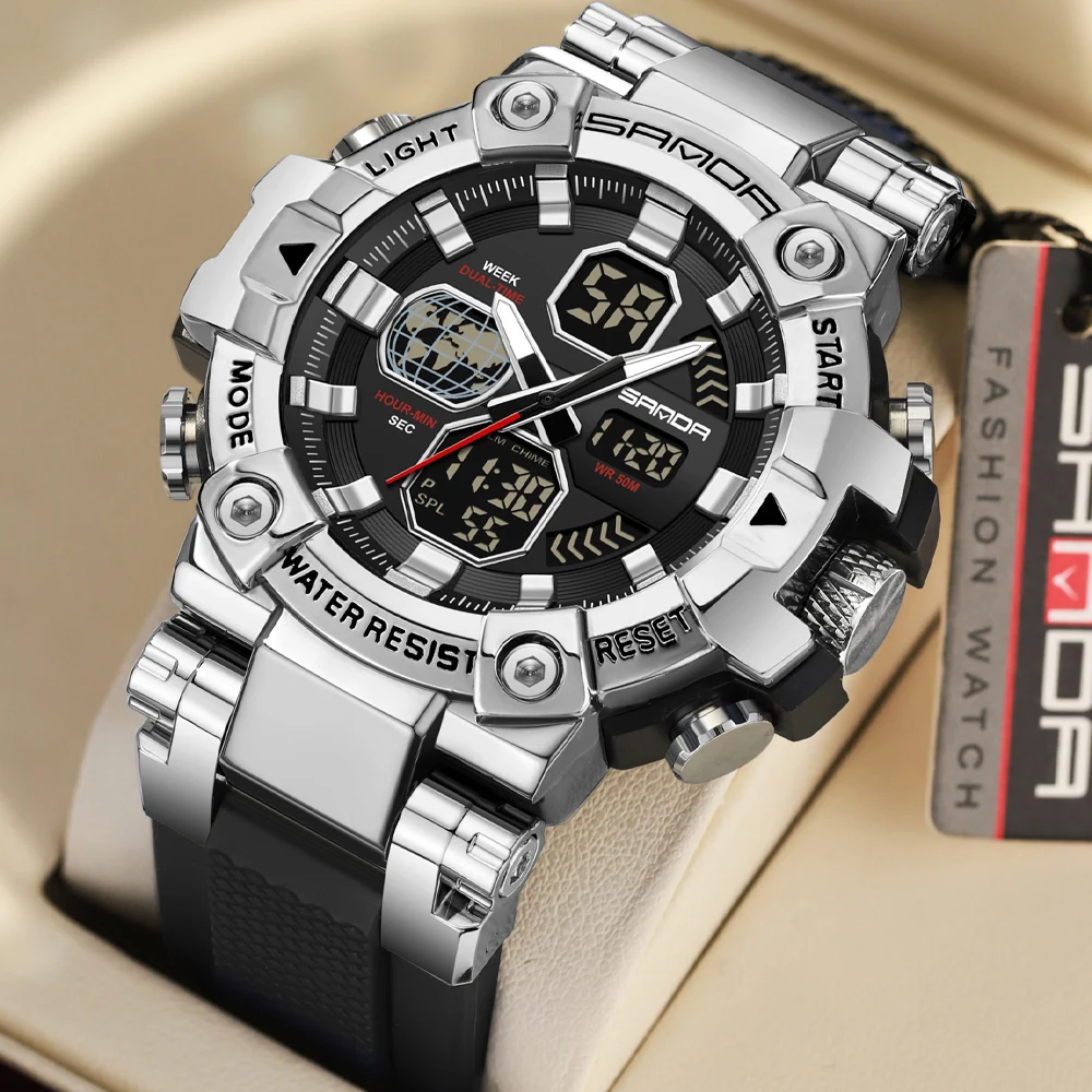 

SANDA Роскошные мужские электронные часы для спорта на открытом воздухе, светодиодный аналоговый цифровой хронограф, военные часы с двойным дисплеем, 50 м, водонепроницаемые часы для мужчин