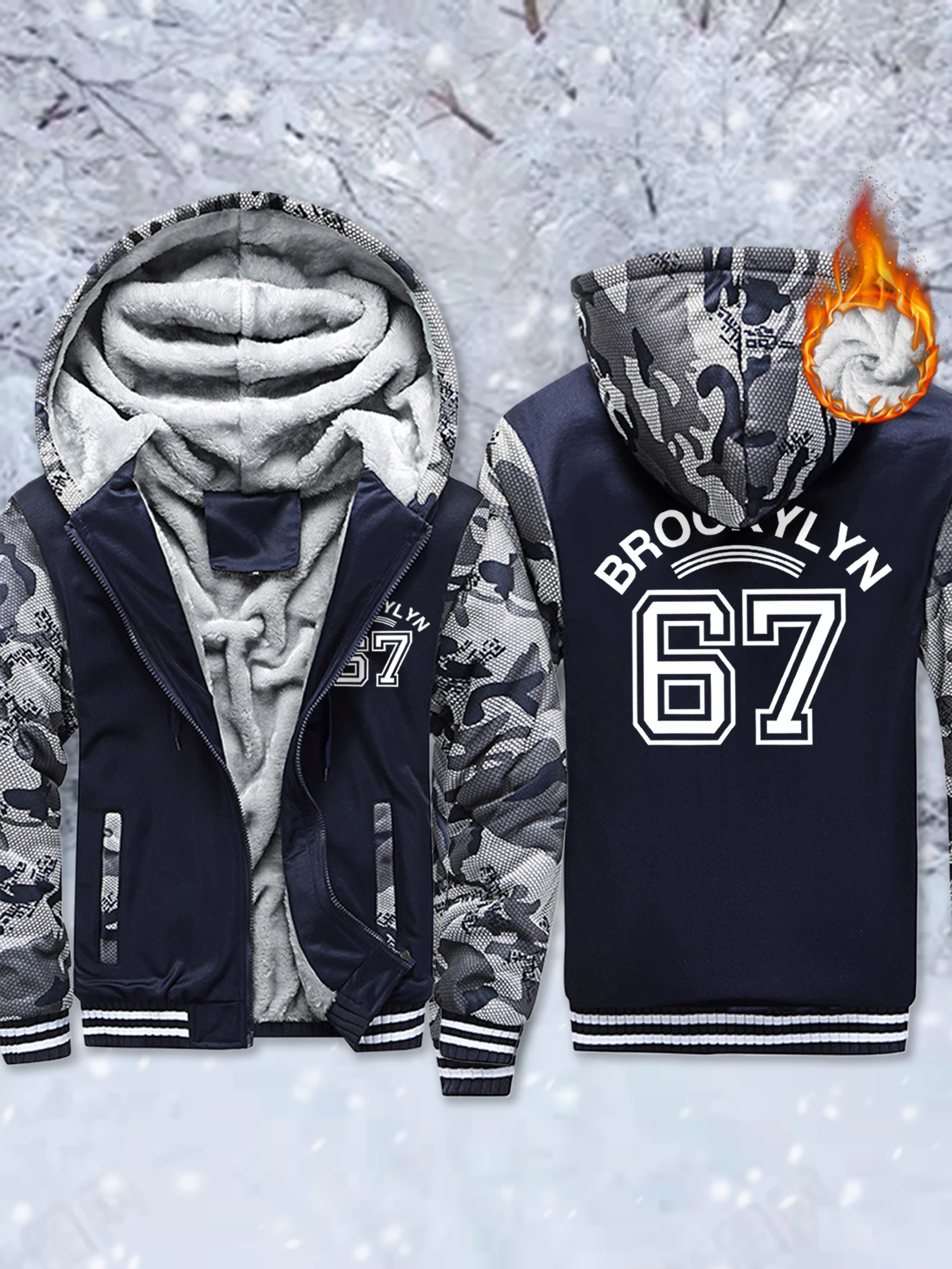

Brooklyn Letter 67 Art Printed Fleece Winter Jackets Men'S Fashion Basics Hoodie Warm Thicken Coat Comfy Zipper Sportswear