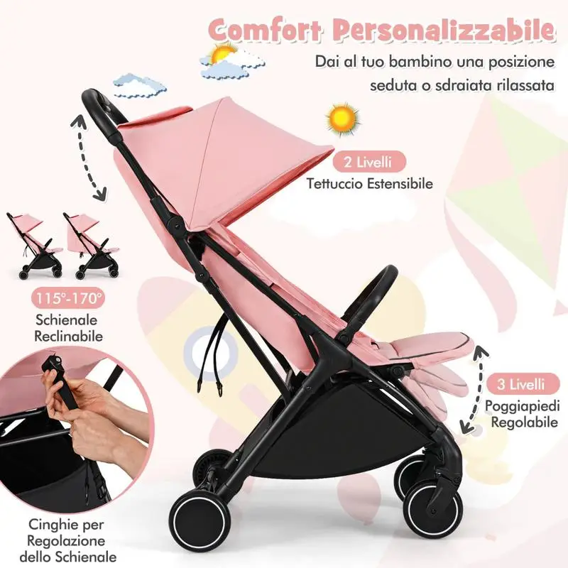 Leichter Kinderwagen mit Einhand-Faltmechanismus, tragbarer Buggy mit verstellbarer Rückenlehne, Pink