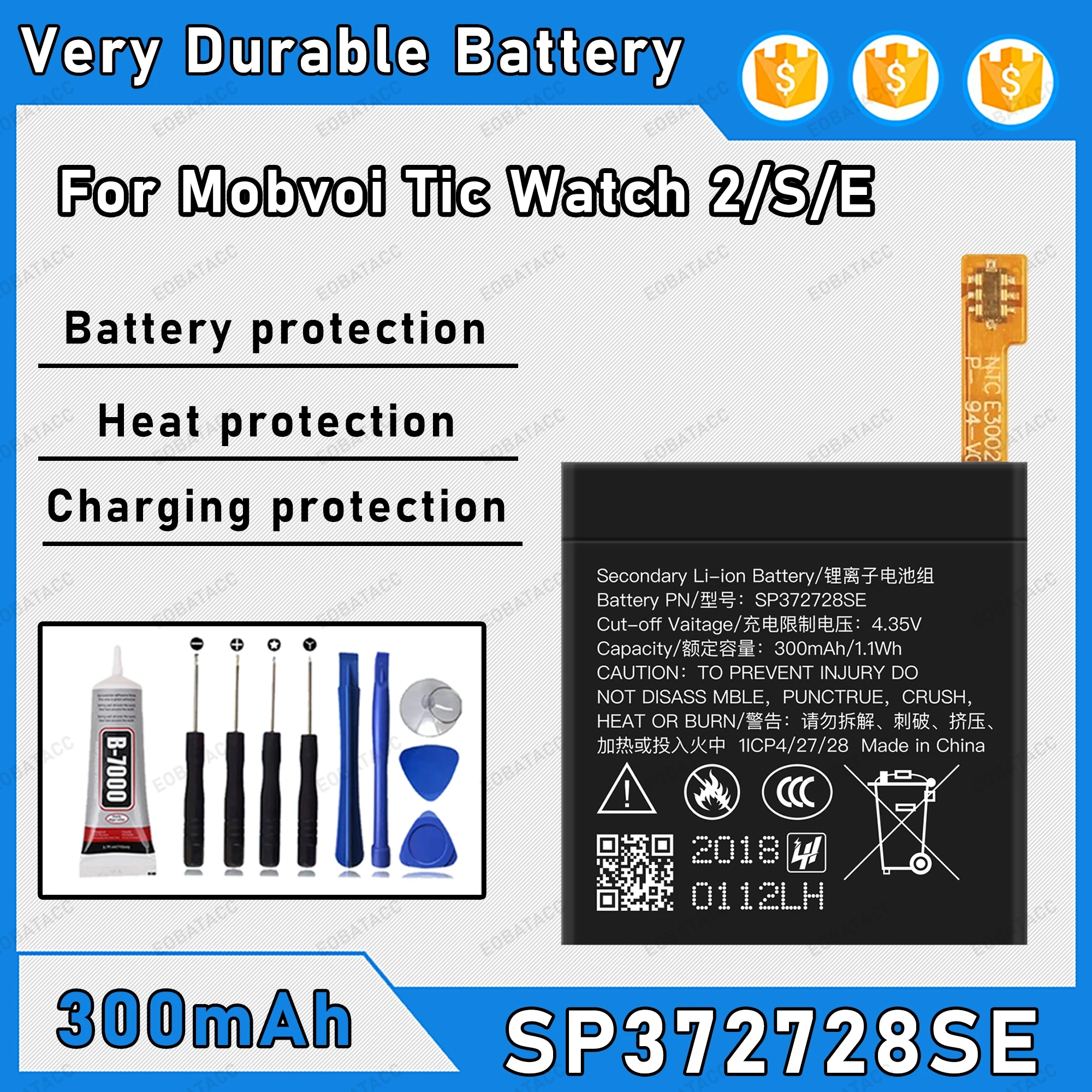 

300mAh 100% New SP372728SE Battery For Tic Watch 2/S/E Replacement Bateria+Free Tools
