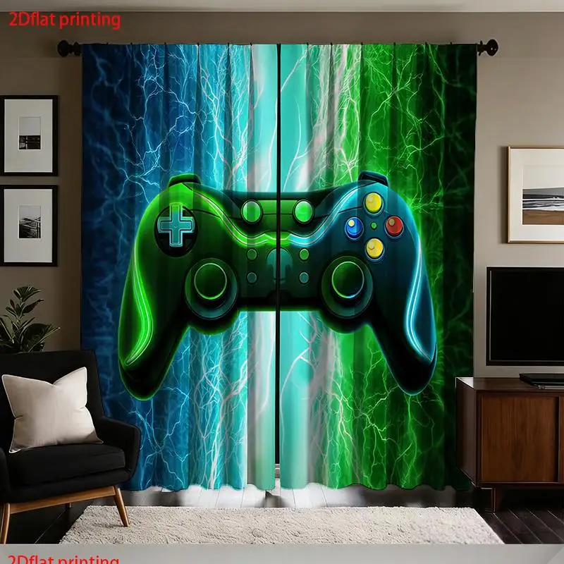 Gaming Controller Curtains Blue Green Electric Lightning Video Game Arcade Pattern Window Curtains for Boy Girl