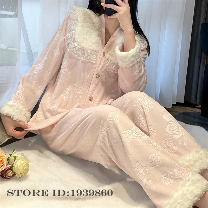 

Autumn Winter Thicken Warm Women Sleepwear Pajamas Set Island Velvet Trouser Suits Homewear Lounge Wear Sweet Lace Pijama PJS