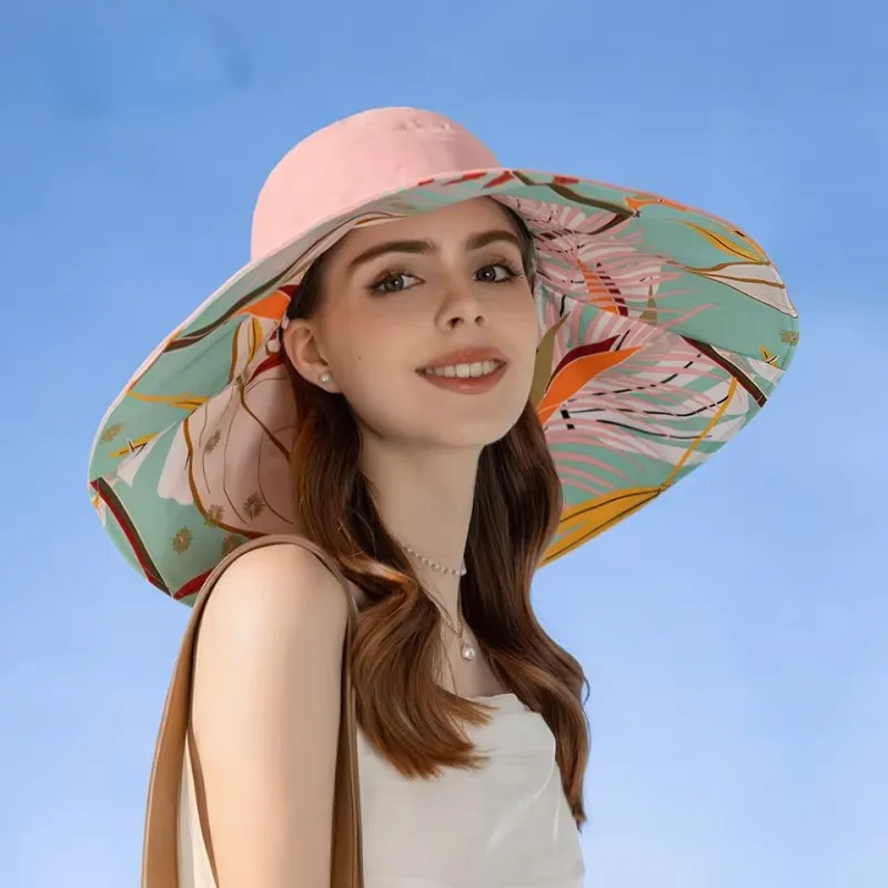 Wendbarer Sonnenhut mit Blumenmuster, große Krempe, UV-Schutz, verstellbare Kinnkordel, Damen-Sommer-Outdoor-Kappe