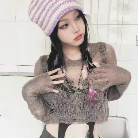 Ruibbit Original Harajuku Gothic Hole Long Sleeve Women Punk Style O-Neck Loose Vintage Knitted Pullovers