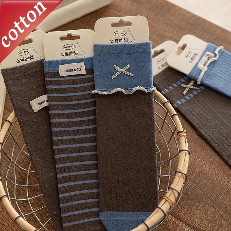 

Women's Socks Korean Simple Kawaii Sweet Striped Polka Dots Cute Preppy Style Comfortable High-quality Cotton Socks For Girl