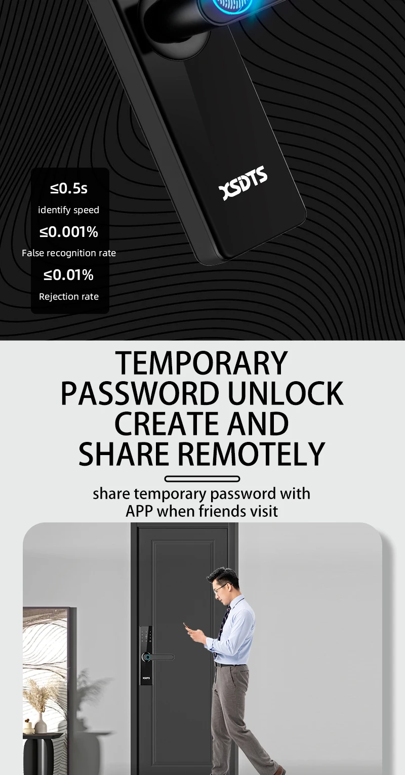 XSDTS Electronic Smart Door Lock With Biometric Fingerprint Smart Card Password Key Unlock USB Tuya APP Emergency Charge Lock
