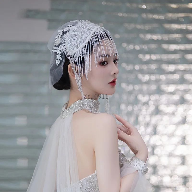 ブライダルヘッドドレスフレンチレースメッシュフリンジヘッドバンド帽子シンプルなウェディングドレスアクセサリー
