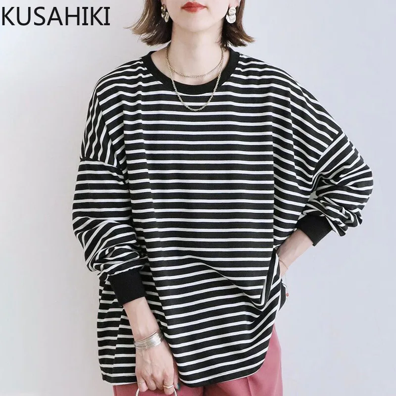 

KUSAHIKI New Japanese Korean 2024 Autumn/Winter Striped Hoodie for Women Causal Bottom Pullover Top Female Clothes