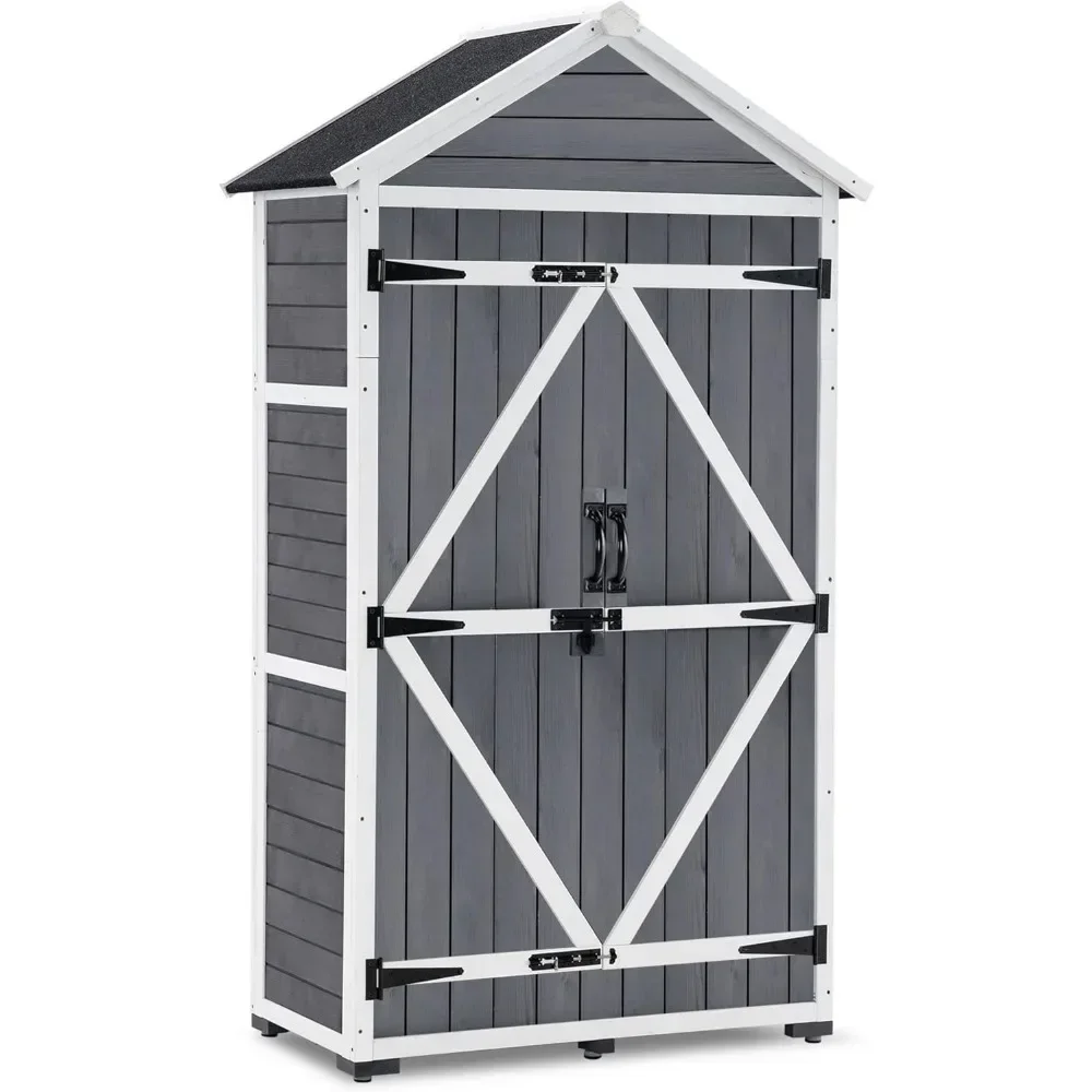 Outdoor Storage Cabinet, Garden Wood Tool Shed, Outside Wooden Shed Closet with Shelves and Latch for Yard, Patio,Deck and Porch