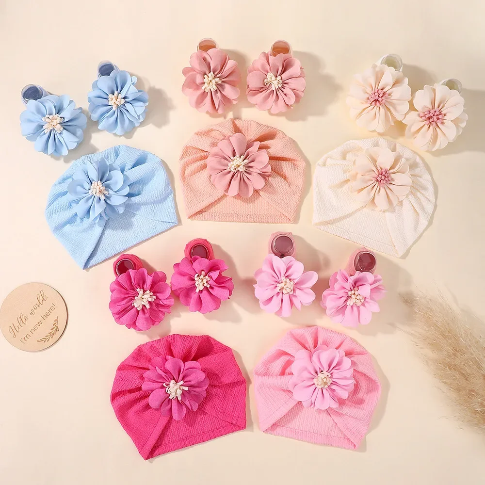 BABY BOWS 3Pcs Floral Turban Hat and Matching Hair Clips Set Soft Waffle Knit Newborn Girls Photo Prop Accessories