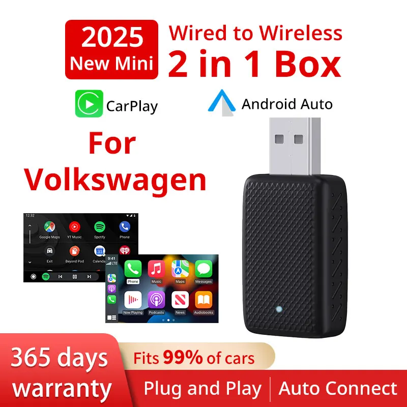 New Wired to Wireless Carplay Android Auto 2 in 1 Mini Adapter Dongle Quick Connect For Volkswagen Beetle Golf R Caddy Caravelle