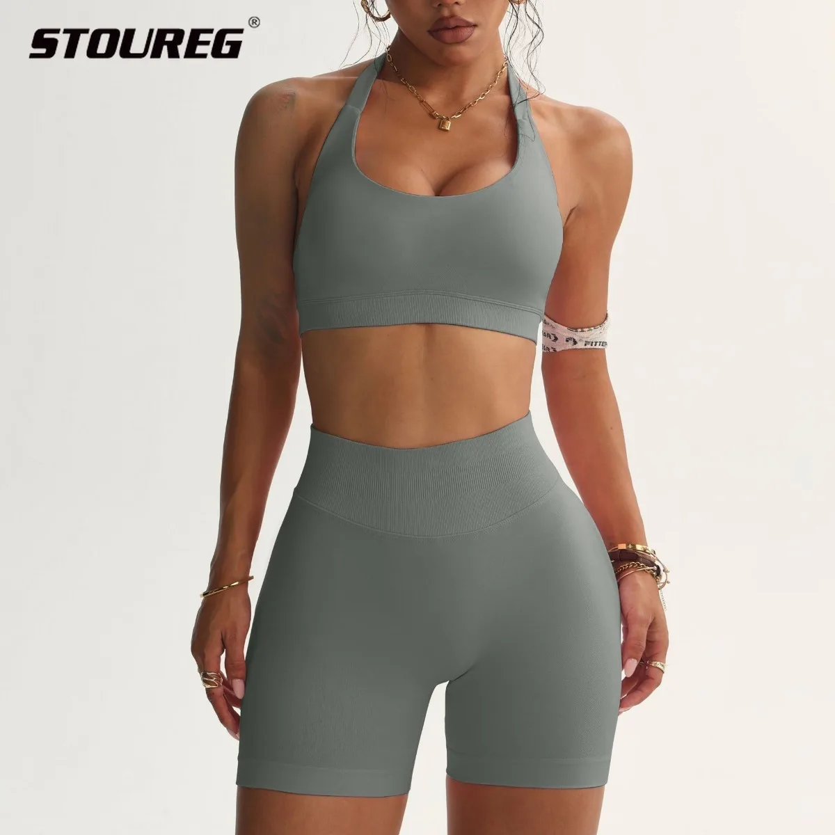 

2Pcs Seamless DfYoga Set Yoga outfits Impact Shorts Set Workout Scrunch Shorts Sets Halter Sports Bra Fitness Clothes Gym Suit